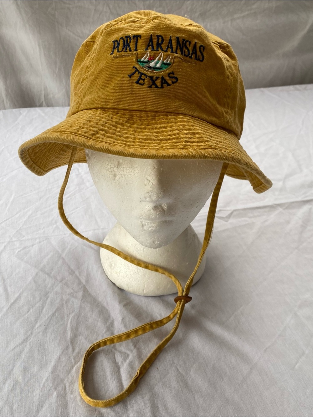 Vintage Port Aransas Texas Bucket Hat Sailboat Embroidered Yellow Sun Hat